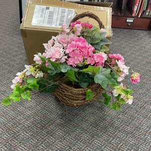 Valerie pink artificial floral arrangement in brown wooded hanging basket